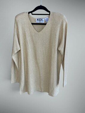N.E.K. by Beth Bowley Gold Metallic V Neck Sweater Size Large